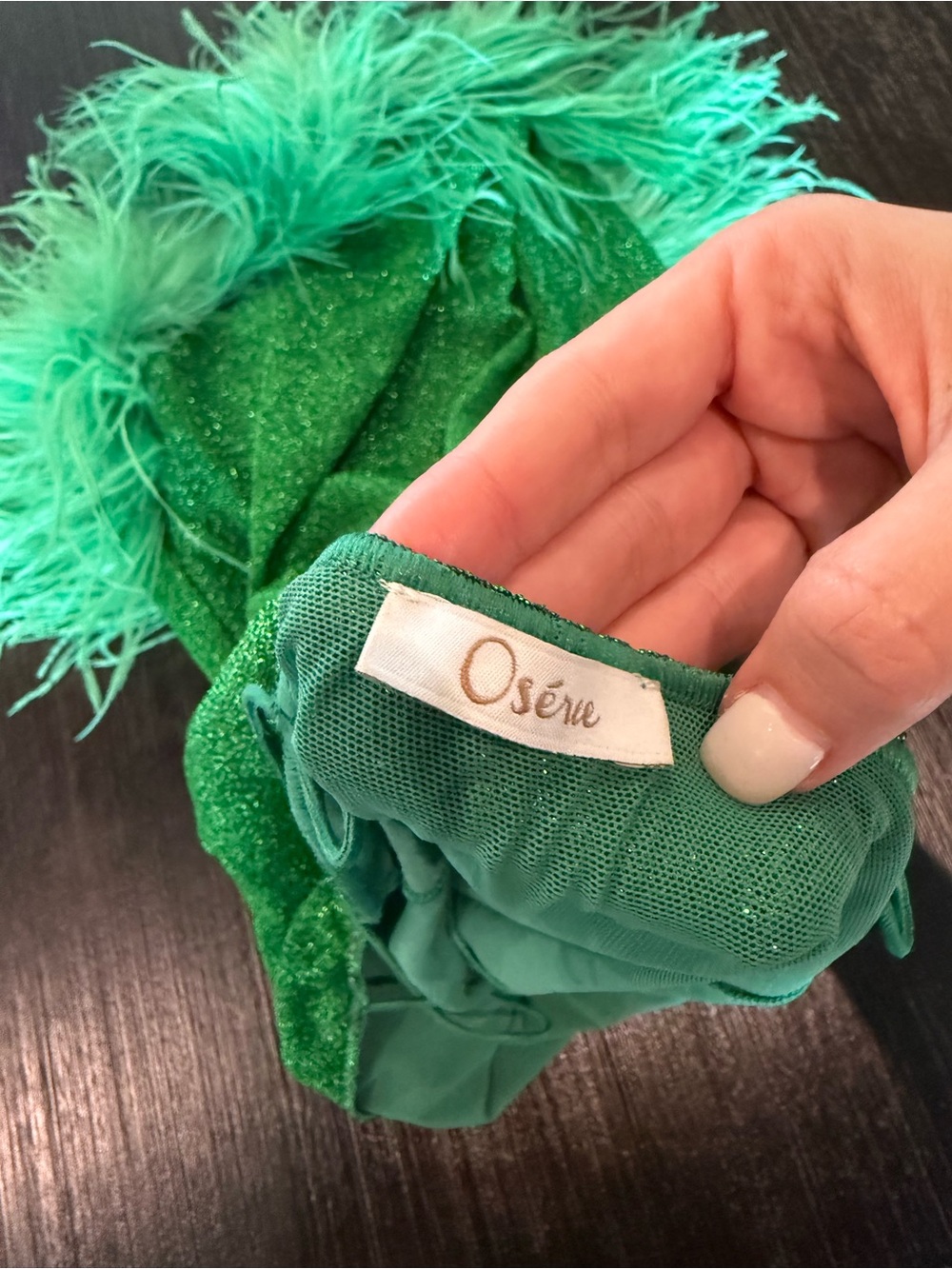 Oseree Emerald Green Feather-Trim Mini Dress - Picture 3 of 3